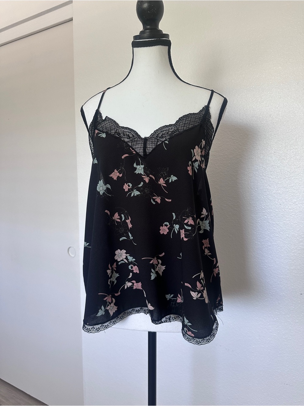 1. State Black Floral Lace Trim Slip Cami